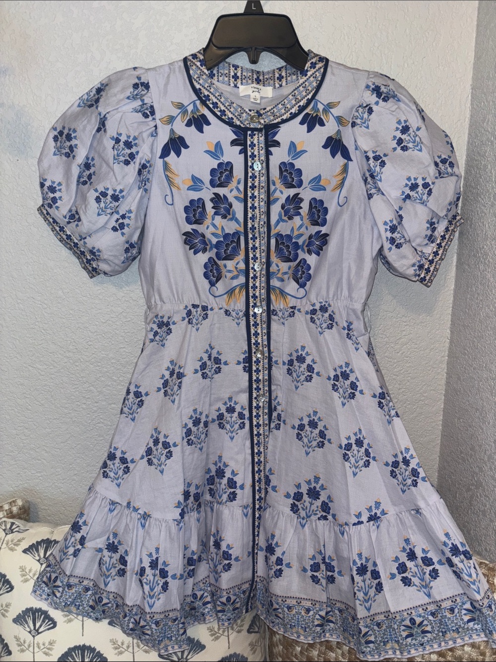 A Loves A Blue Floral Puff-Sleeve Kids Dress
